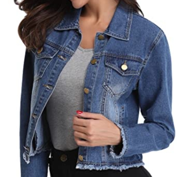 Jessica Simpson Crop Top Frayed Dark Denim Jacket